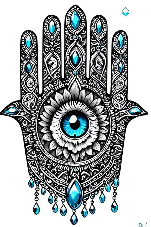 hamsa hand with hanging jewels and blue eye popping tattoo design idea