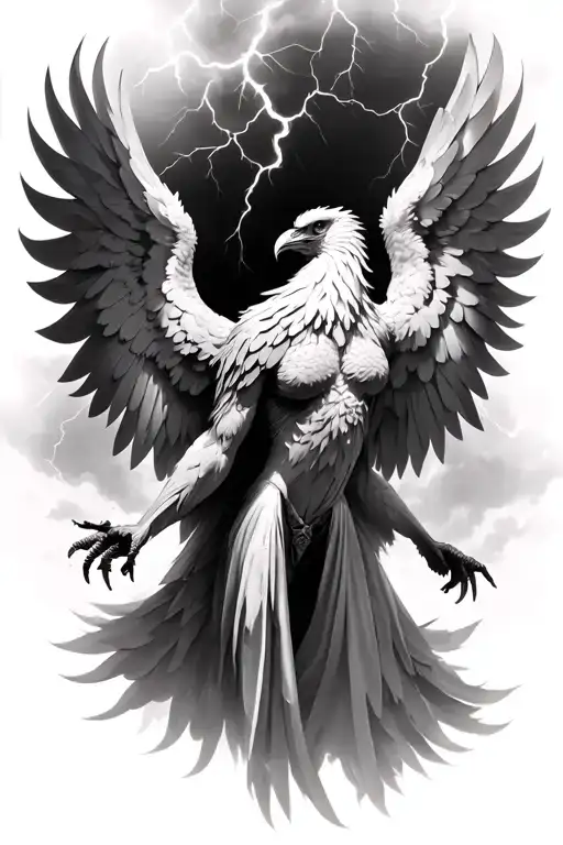 greyscale feathered phoenix with outstretched wings on either side of body with intense thunder storm behind tattoo design idea