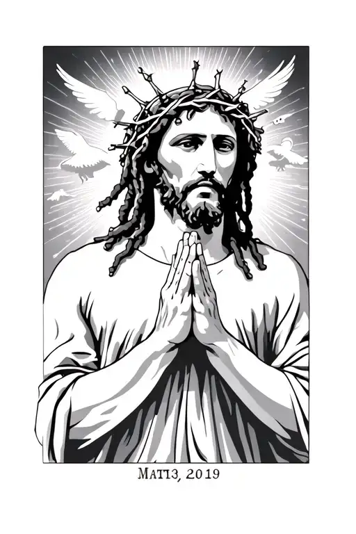 black jesus with dreadlocks wearing a crown of thorns praying hands doves clouds and sunray shining behind jesus head tattoo design idea