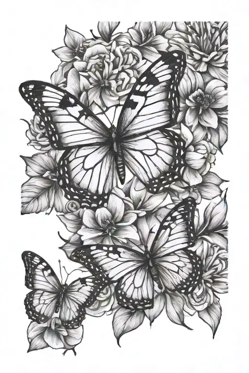 butterfly flowers fine line tattoo design idea