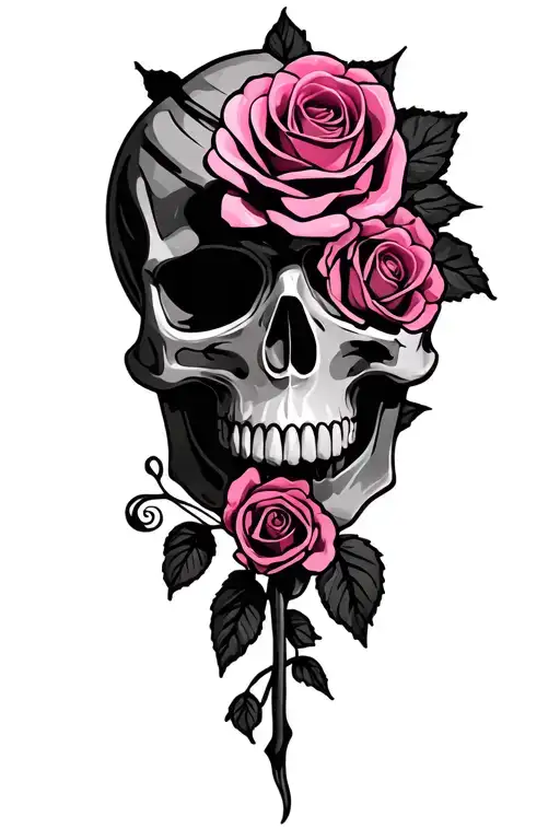 Pink with skull with roses tattoo design idea