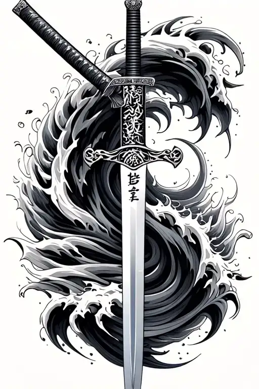 "Samurai sword " A sleek and elegant composition featuring a katana blade adorned with intricate anime-inspired engravings and symbols, set against a background of swirling black and grey waves tattoo design idea