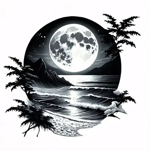 a  tattoo that beautifully intertwines the serene glow of a moon,tranquil waves of a beach, and majestic of mountain  tattoo design idea