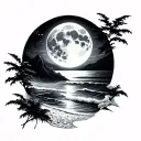 a  tattoo that beautifully intertwines the serene glow of a moon,tranquil waves of a beach, and majestic of mountain  tattoo design idea