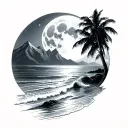 a  tattoo that beautifully intertwines the serene glow of a moon,tranquil waves of a beach, and majestic of mountain  tattoo design idea