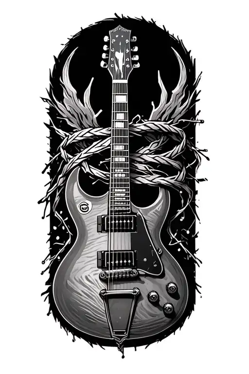 an electric guitar with a frayed musical staff wrapped around the neck with the notes from Hall of the mountain king  tattoo design idea