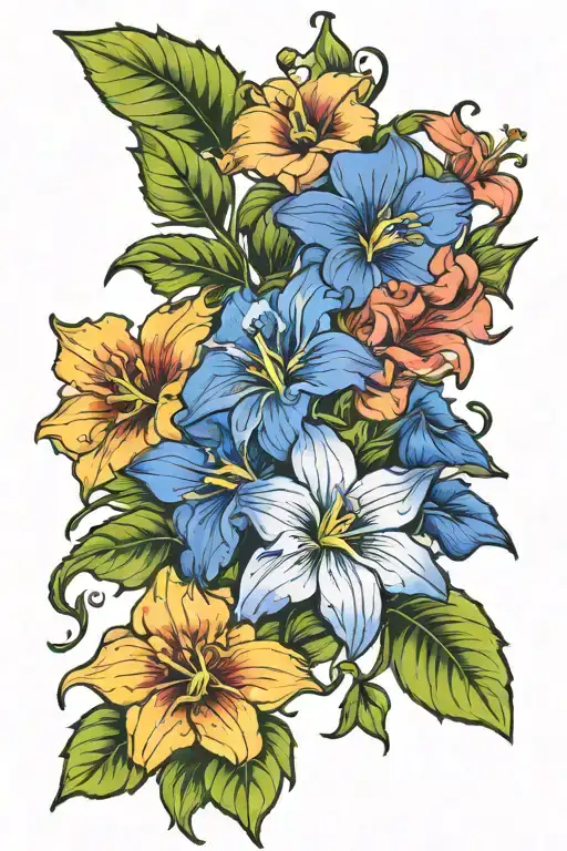larkspur, daisy, morning glory flowers tattoo design idea