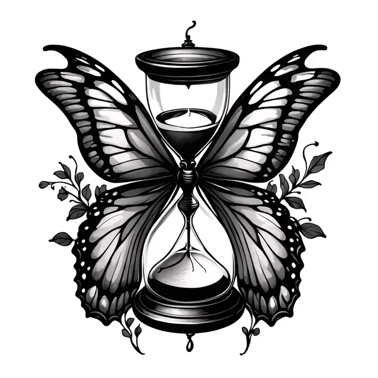 A black-grey tattoo of a stylized hourglass with butterfly wings, symbolizing the fleeting beauty of nature and the passage of time tattoo design idea