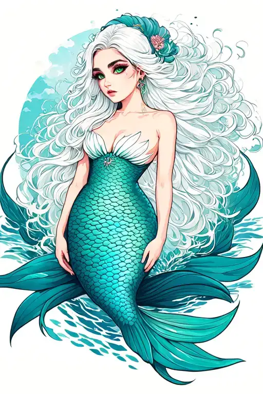 Mermaid women full body white, long hair, dark eye brows, green eyes. tattoo design idea