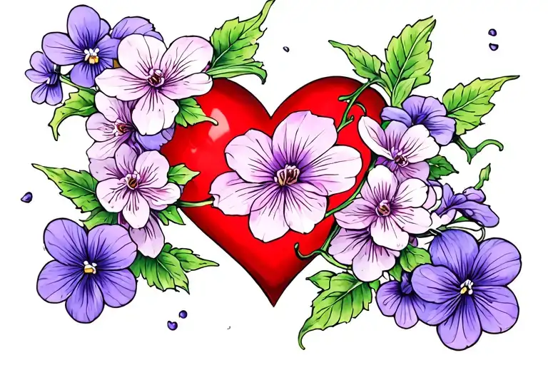 cherry blossom and violets around a heart tattoo design idea