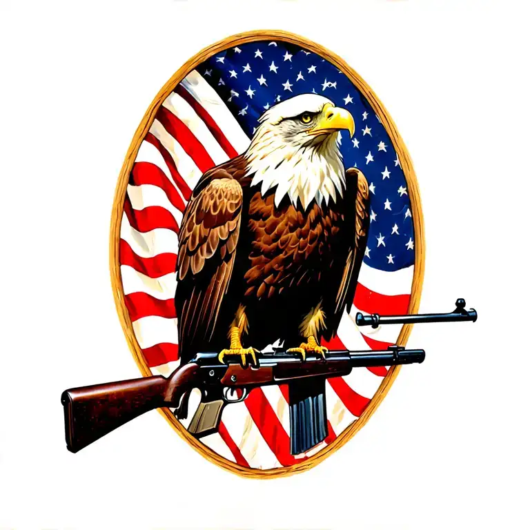 A patriotic bald eagle perched on a rifle with an American flag in the background tattoo design idea