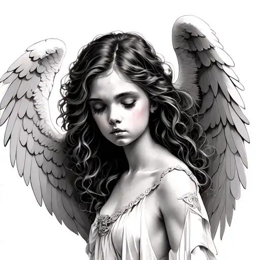 sad female angel tattoo design idea