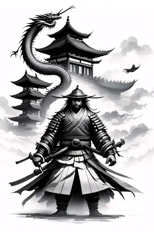 samurai with japanese building behind and flying dragon tattoo design idea