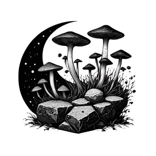 philosophers stone with pylosybin mushrooms growing out, shadow moon image  tattoo design idea