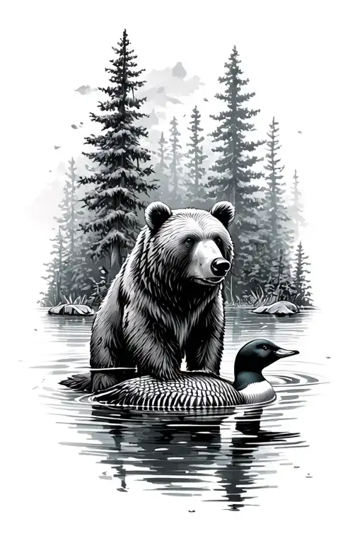 bear in the forest and a loon in water tattoo design idea