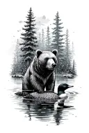 bear in the forest and a loon in water tattoo design idea