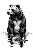 bear in the forest and a loon in water tattoo design idea