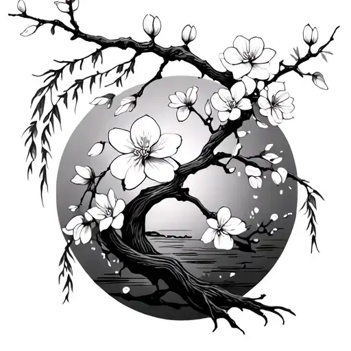 cherry blossom branch with weeping willow vines wrapped around it.  tattoo design idea