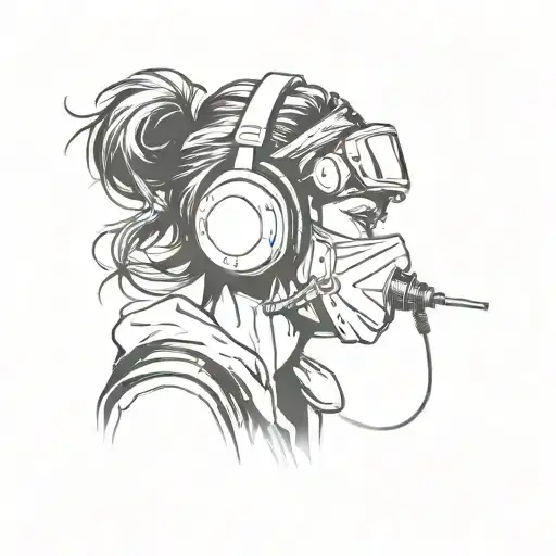 graffitti girl wearing a respirator mask, head phones and back pack, spray painting a wall tattoo design idea