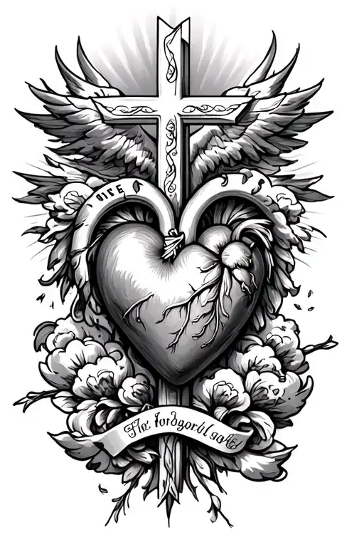 sacred heart with cross and proverbs 4:23 cloud filler tattoo design idea