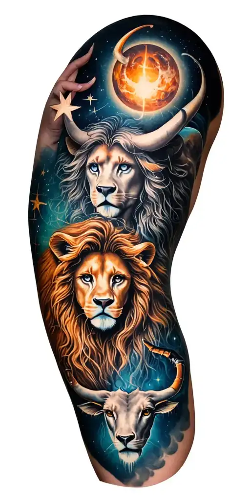 Full arm tattoo featuring zodiac signs libra, Leo,  Taurus, Aquarius and Scorpio with stars and constilations  tattoo design idea