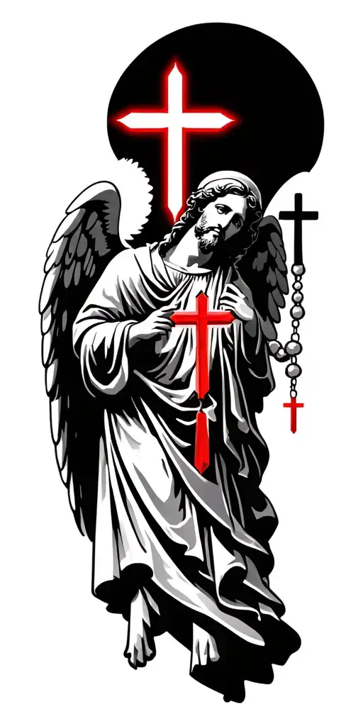 Religious orthodox with arch angel michael with three red crosses and rosary beads tattoo design idea
