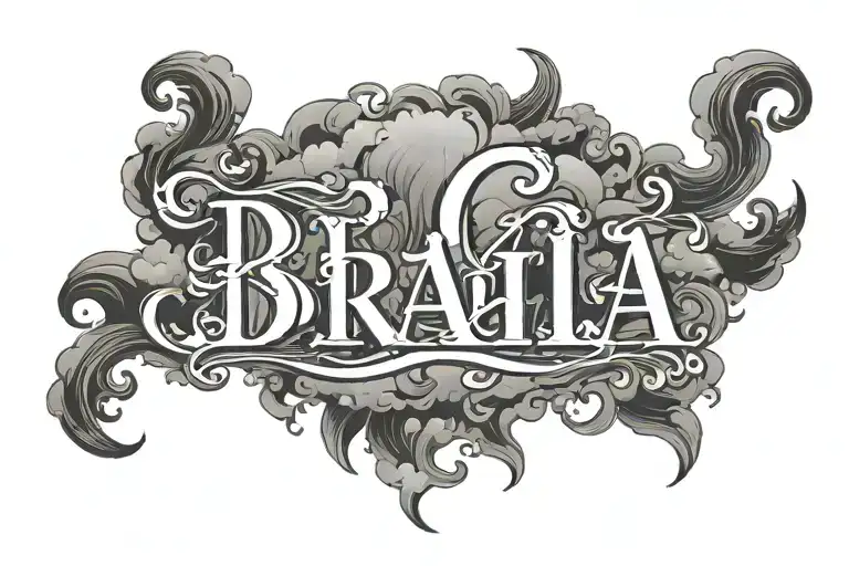 The word 'braila' written in old english font surrounded by clouds tattoo design idea