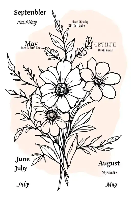 fine line tattoo design with boquet of birth month flowers for may, june, july, august, and September for tricep tattoo design idea