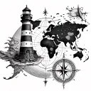 compass, lighthouse, world map made tattoo design idea