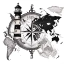 compass, lighthouse, world map made tattoo design idea