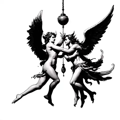 angel and demon dancing under pendulum swinging tattoo design idea
