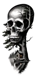 Forest scene where tree limbs create a skull. the let half of the forest shows a cabin on a lake with a canoe tattoo design idea