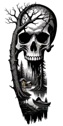 Forest scene where tree limbs create a skull. the let half of the forest shows a cabin on a lake with a canoe tattoo design idea
