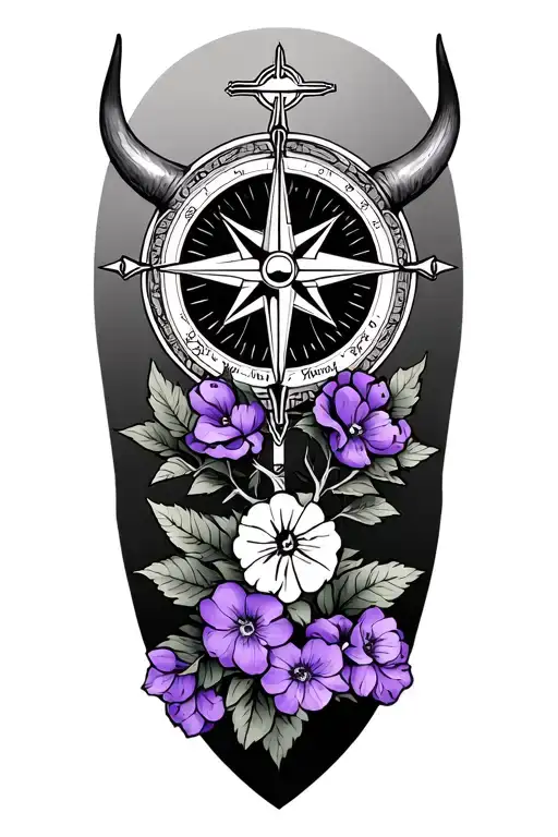 nautical compass. around w violet flowers, bull horns with Bulgarian motifs, Christian cross, and cherry tree. spacing tattoo design idea