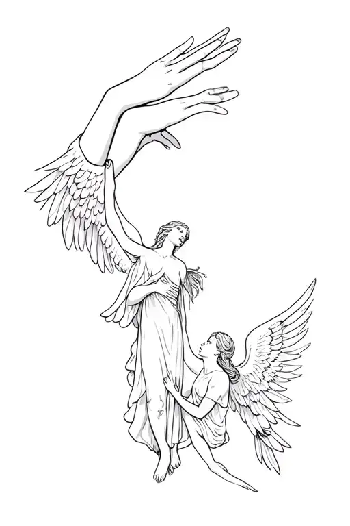 on the top two hands trying to touch each other, on the middle an angel with his wings open looking up, tattoo design idea