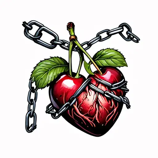 two cherries and heart organ wrapped by chains tattoo design idea