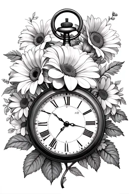 calla lily, gerbera daisy, roses, bluebonnet, daisies, carnations, forget me not flowers, sunflowers, old pocket watch tattoo design idea