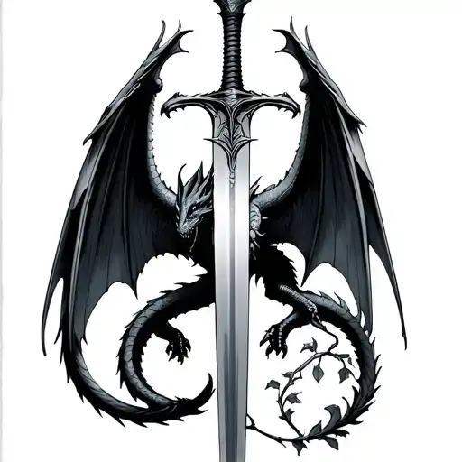 Winged dragons intertwined by their tail, crossed in half by a sword and that this sword has a vine tattoo design idea