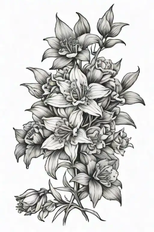 Carnation, snowdrop, Daffodil, Jonquil, Larkspur, Waterlily tattoo design idea