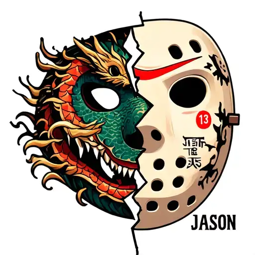 half of a broken Friday the 13th mask with  Japanese dragon the word 'JASON' And the number 13 tattoo design idea