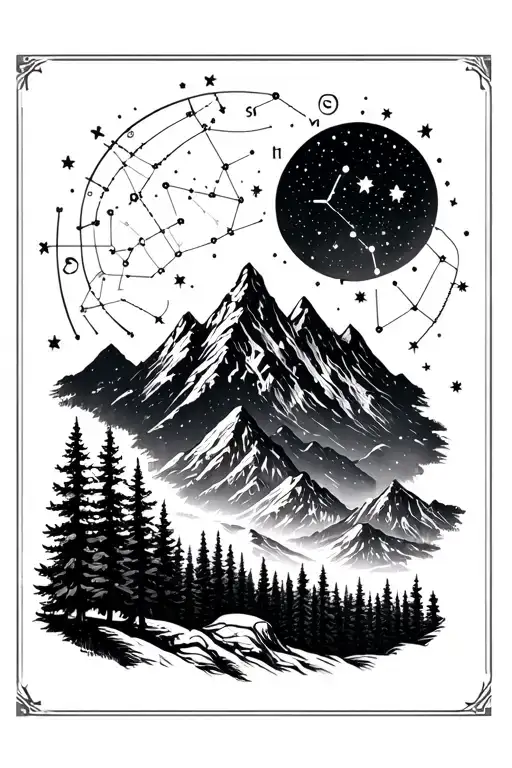 a mountain & forest scene with a night time sky showing the leo, Scorpio, aquarius, gemini & virgo zodiac constellations tattoo design idea