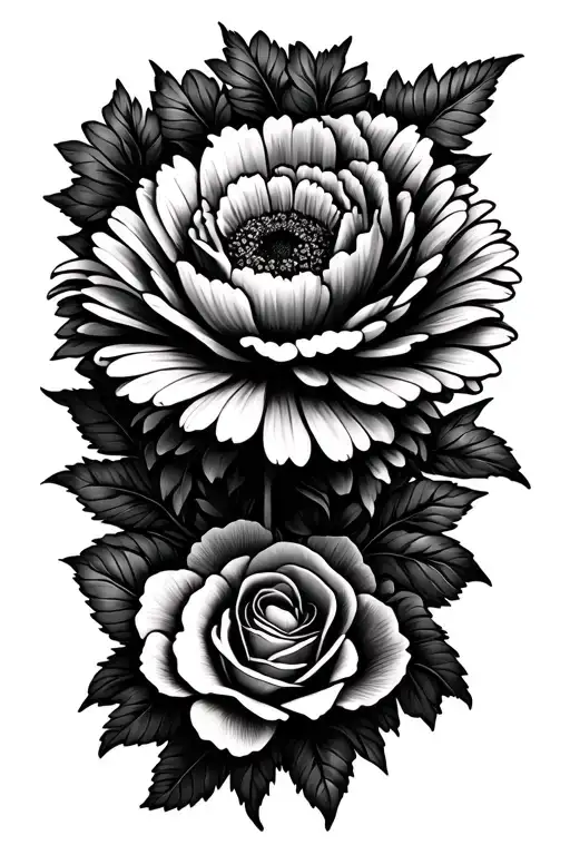Thigh design with a carnation, daisy and rose with mandala tattoo design idea