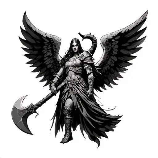 warrior angel battle ax tattoo design idea