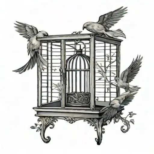 guilded bird cage with open door with an overcoat partially covering it  tattoo design idea