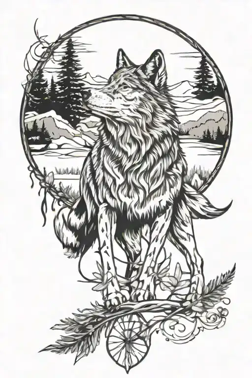 wolf howling at the moon, forest, cresent moon, arrowhead, dream catcher tattoo design idea