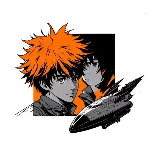 cowboy bebop tattoo with the headshot of spike spiegel in front of the spaceship, in orange and black tattoo design idea
