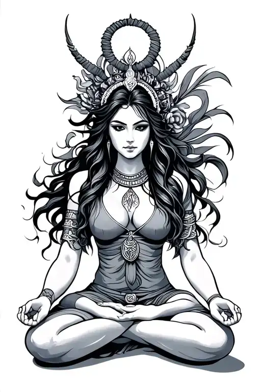 female warrior meditating tattoo design idea