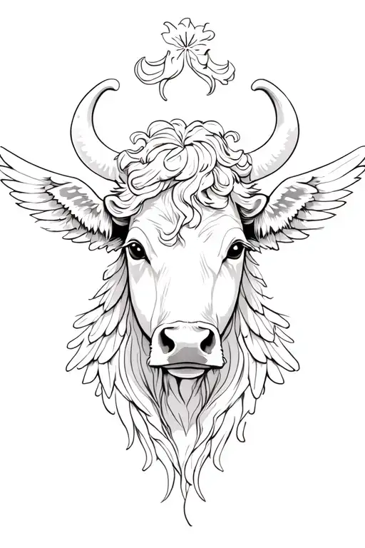 female cow head thin lines stencil  feminine beautiful with angel wings simple  tattoo design idea