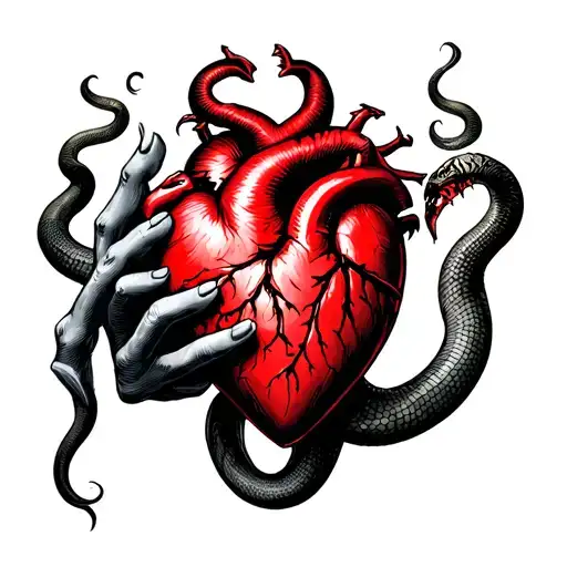 A red heart while a demon hands around it by snake climbing on a demon hand tattoo design idea