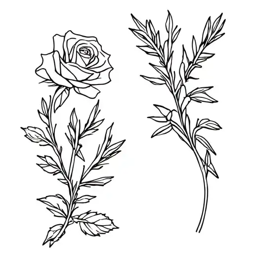cute simple design of a rose and rosemary sprig side by side fine line black and white tattoo for girls  tattoo design idea